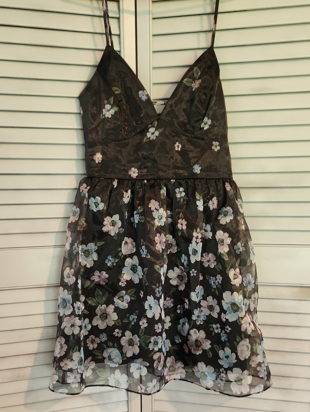 Lulus Black Floral Organza Slip Dress Shiny Lined Party Fairy Flower Whimsical